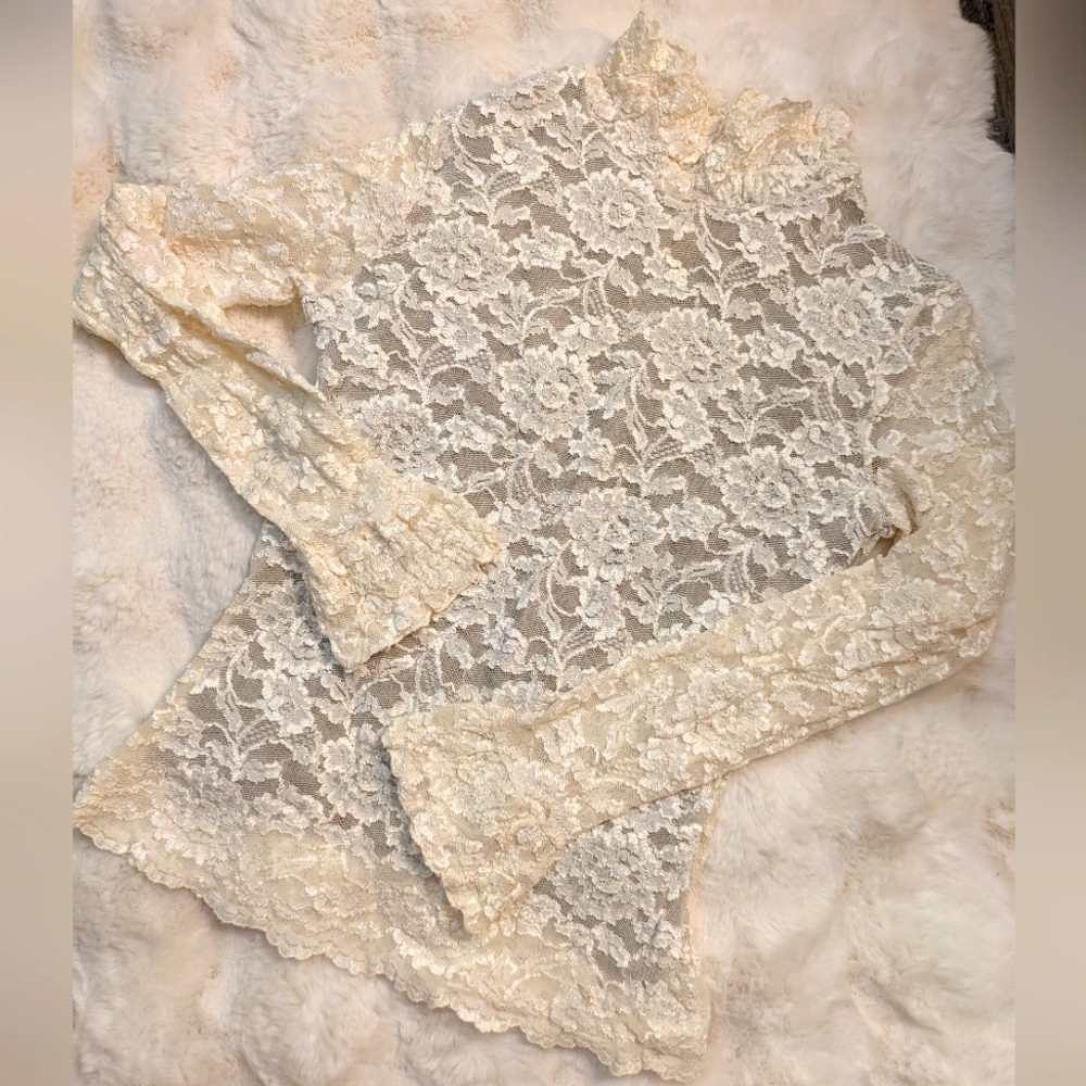 90s Lace High Neck Nude Illusion Blouse